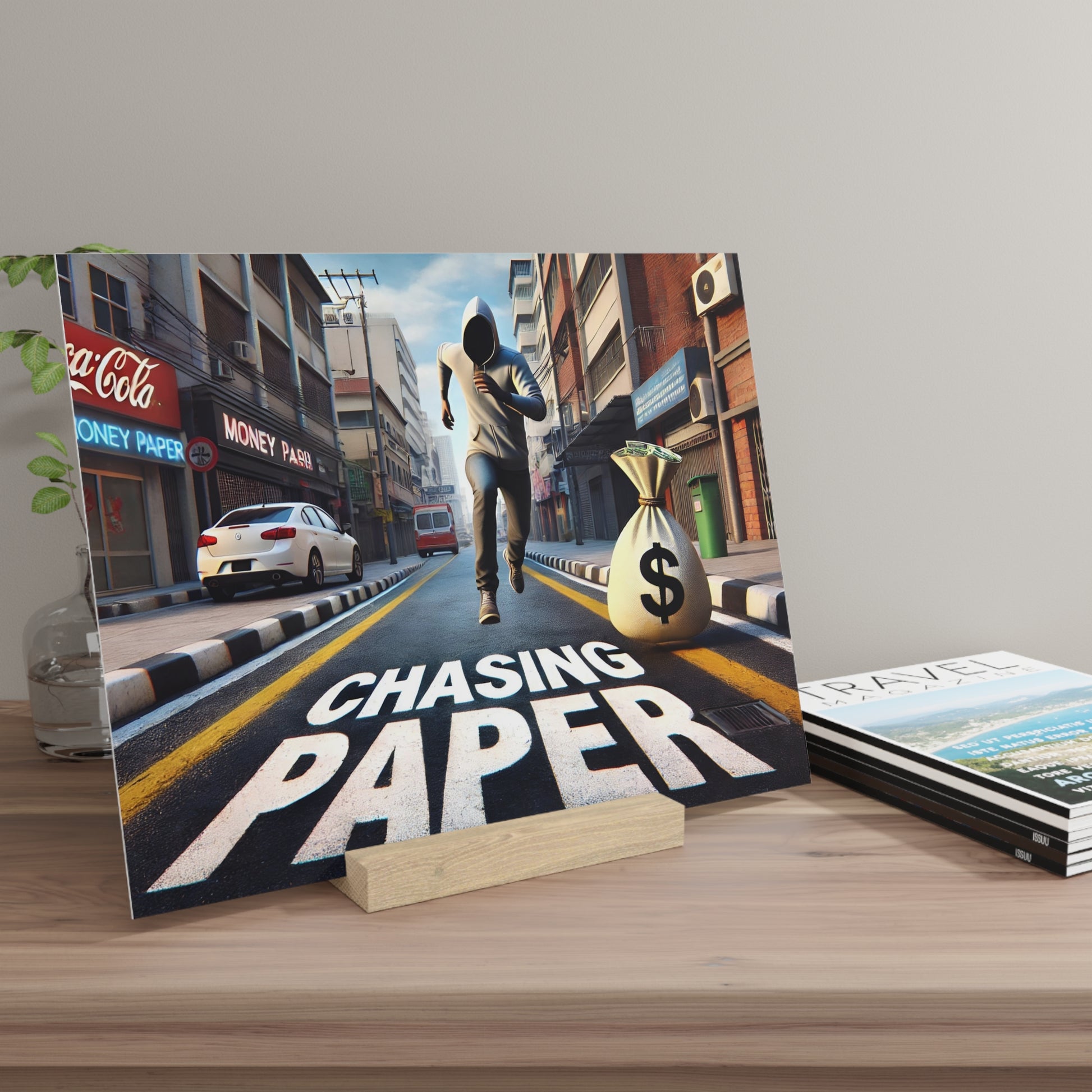 Poster of a man in a hoodie running down a city street with a money bag beside the words CHASING PAPER.