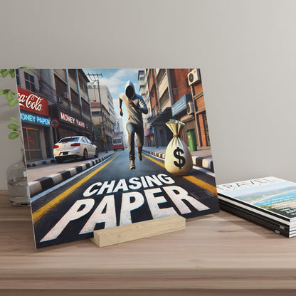 Poster of a man in a hoodie running down a city street with a money bag beside the words CHASING PAPER.