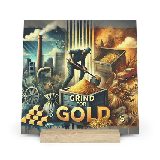 Illustration of a man shoveling gold from a wagon labeled "GRIND FOR GOLD" with gold bars and an industrial backdrop.