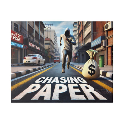 A hooded man runs down a city street past a large money bag and the words CHASING PAPER painted on