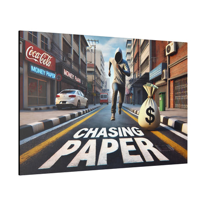 Urban street scene with a hooded figure running toward the camera, a large money bag on the road, and "CHASING PAPER" painted on the