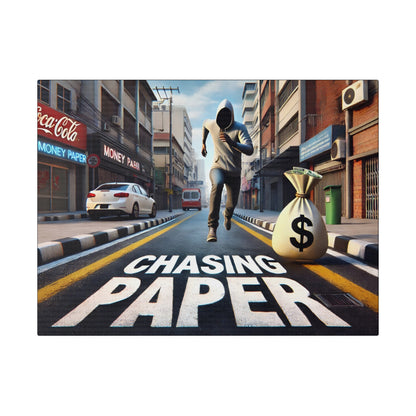 Hooded figure runs down a city street beside a large money bag on the road, with 'CHASING PAPER' painted on the pavement.