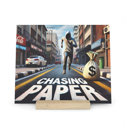 A man in a gray hoodie runs down a city street with a large money bag on the right and “Chasing Paper” painted on the road.