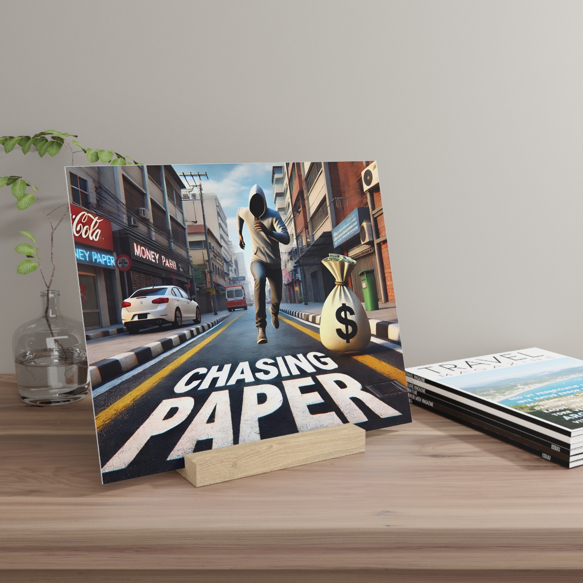 Poster of a hooded man running down a city street beside a money bag, with the words CHASING PAPER on the road.