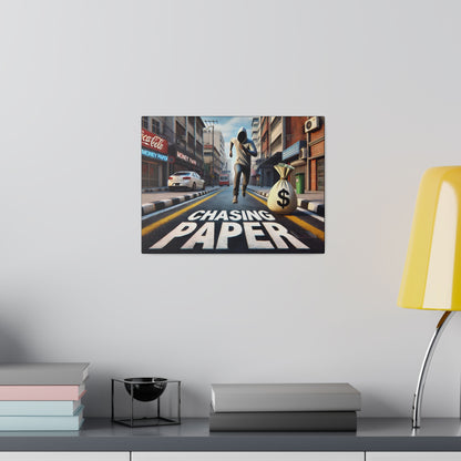 Framed wall poster depicting a person running down a city street with a money bag, text 'Chasing Paper' at the bottom.