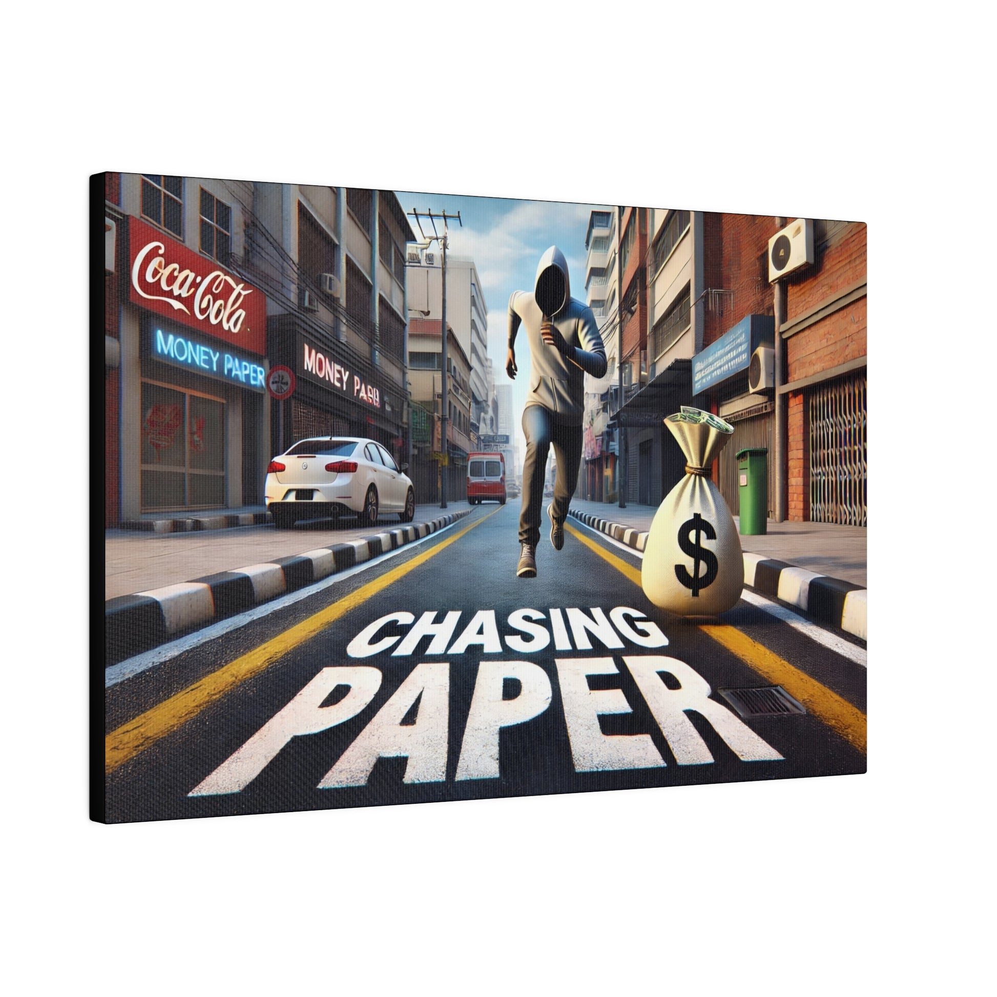 Hooded figure runs down a city street beside a large money bag; “CHASING PAPER” painted on the road.