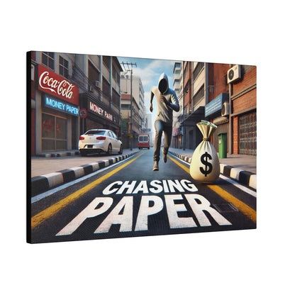 Hooded figure runs down a city street beside a large money bag; “CHASING PAPER” painted on the road.