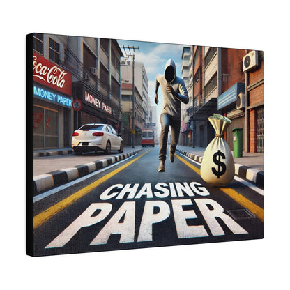 A man in a hoodie runs down a city street toward a large money bag, with “CHASING PAPER” painted on the road.
