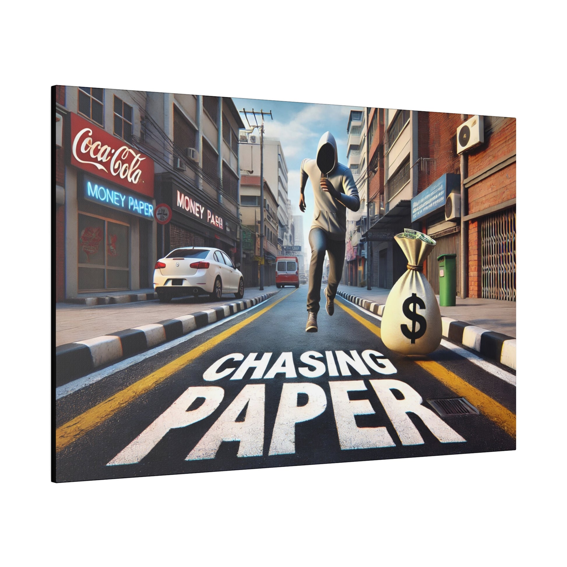 Urban street scene with a hooded figure running toward a large money bag on a road marked "Chasing Paper.