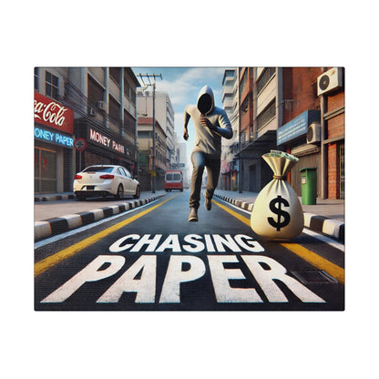 A person in a hoodie runs down a city street toward a large money bag, with "CHASING PAPER" painted on the road.