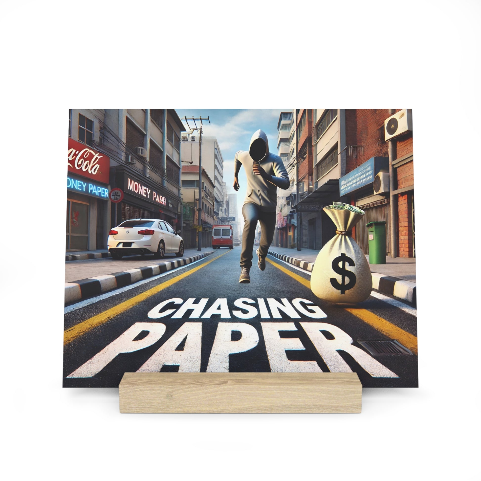 Urban street scene with a hooded man running toward the viewer on a road, a money bag to the right and 'Chasing Paper' painted on the