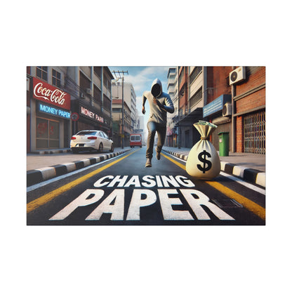 Hooded man runs down a city street with a money bag nearby and the words CHASING PAPER painted on the road.