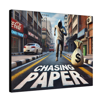 Hooded figure running down an urban street, beside a large "CHASING PAPER" on the road and a money bag with a dollar sign.