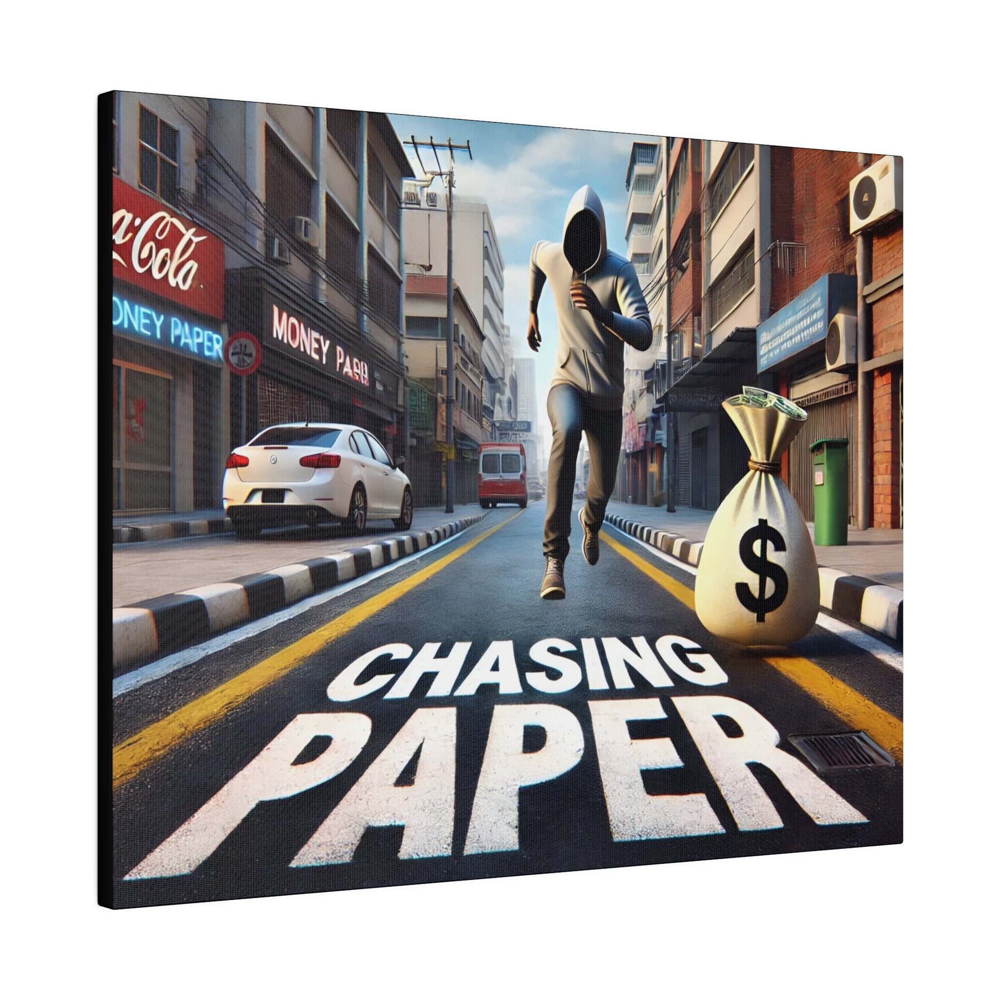 A hooded runner sprints down a city street beside a money bag, with 'CHASING PAPER' painted on the road.