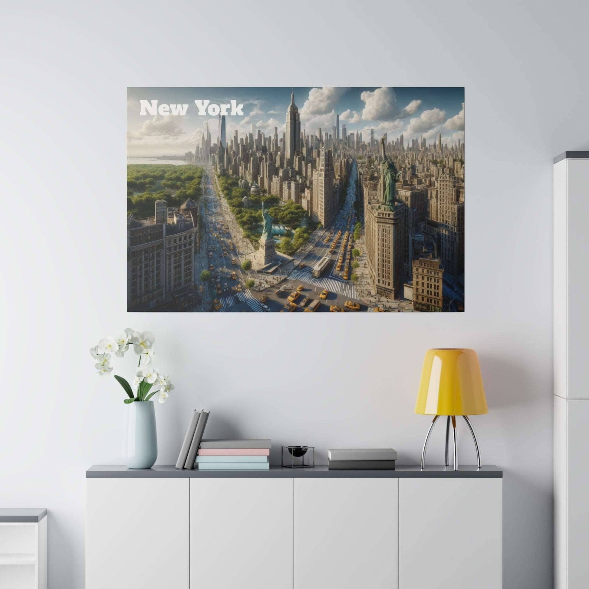 Canvas artwork depicting New York City skyline with dense skyscrapers, a central avenue, and the Statue of Liberty visible.