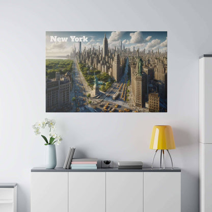 Canvas artwork depicting New York City skyline with dense skyscrapers, a central avenue, and the Statue of Liberty visible.