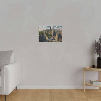 Small canvas print depicting New York City skyline mounted on a light gray wall.