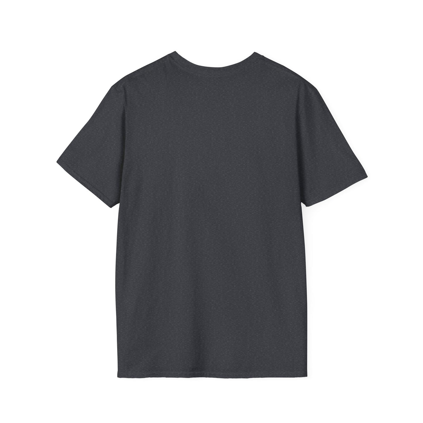 Back view of a dark gray heathered short-sleeve T-shirt.