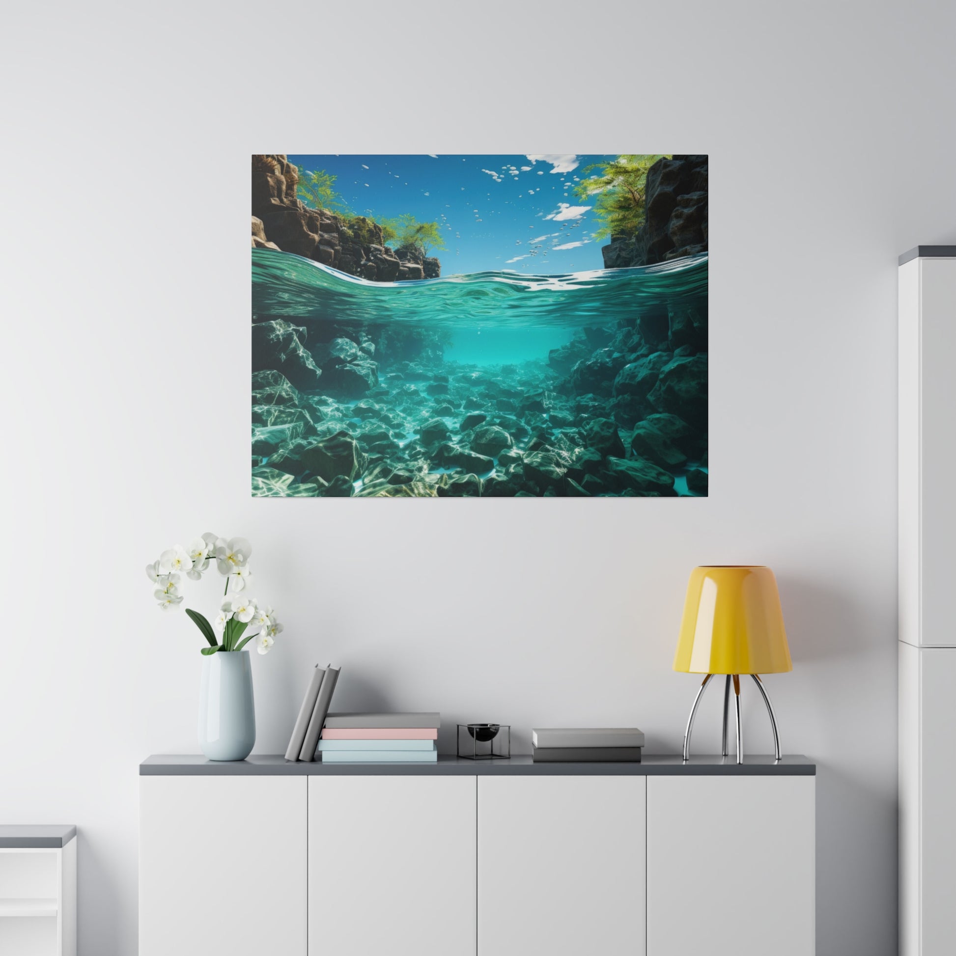 A beautiful underwater view of a river with clear water, revealing rocks and plants beneath the surface. The scene is serene and peaceful." 5. "A captivating underwater scene in a rocky river, with crystal clear water showcasing the rocks and plants beneath the surface. The clarity of the water is stunning.