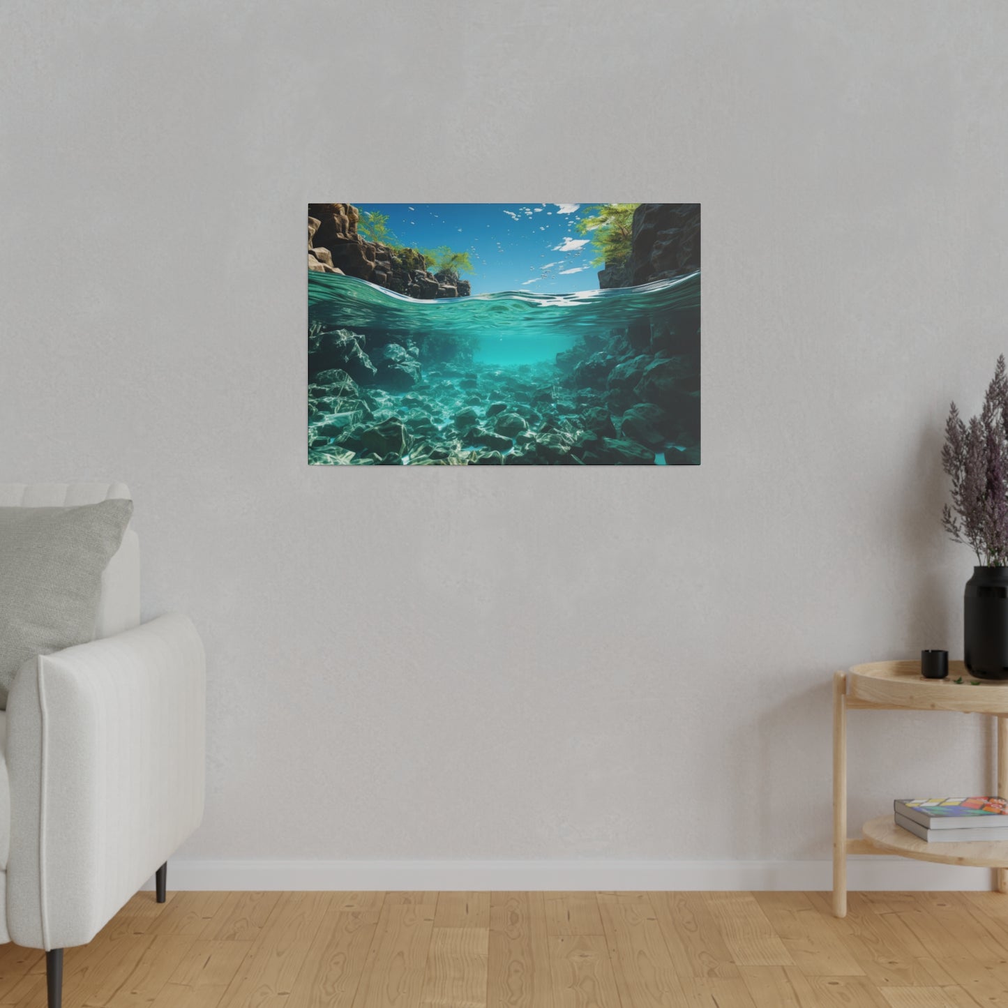 A beautiful clear river with underwater rocks visible beneath the surface, surrounded by lush greenery. The clarity of the water creates a serene atmosphere.