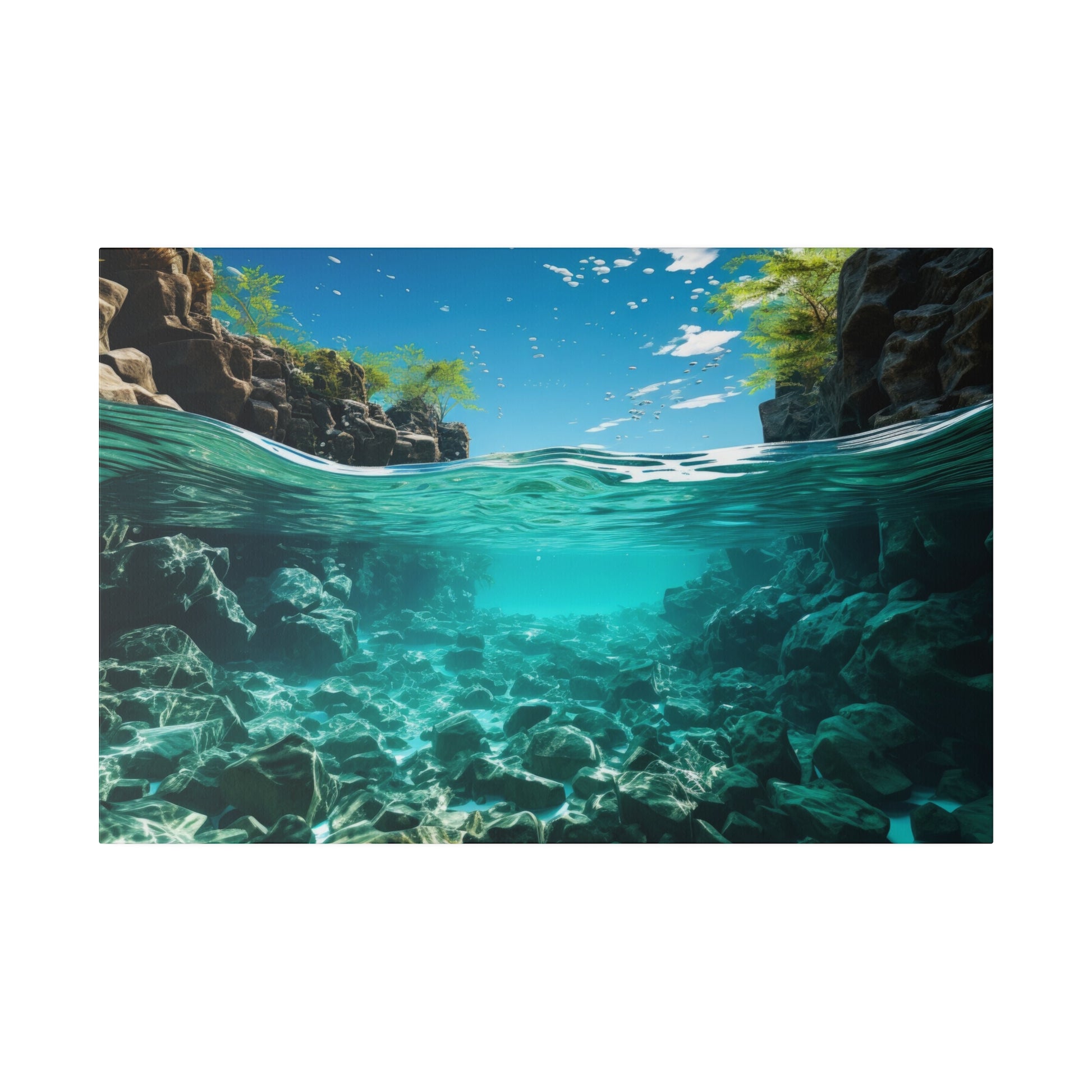 A clear riverbed nature scene with underwater rocks and plants visible beneath the surface. The surrounding greenery creates a tranquil and serene environment.