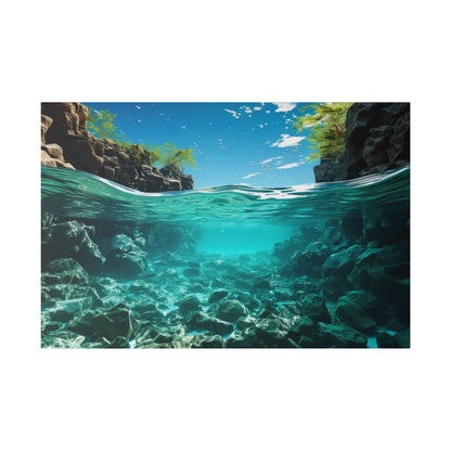 Underwater view of a rocky canyon with clear turquoise water, visible rocks on the seabed, and a bright blue sky above.