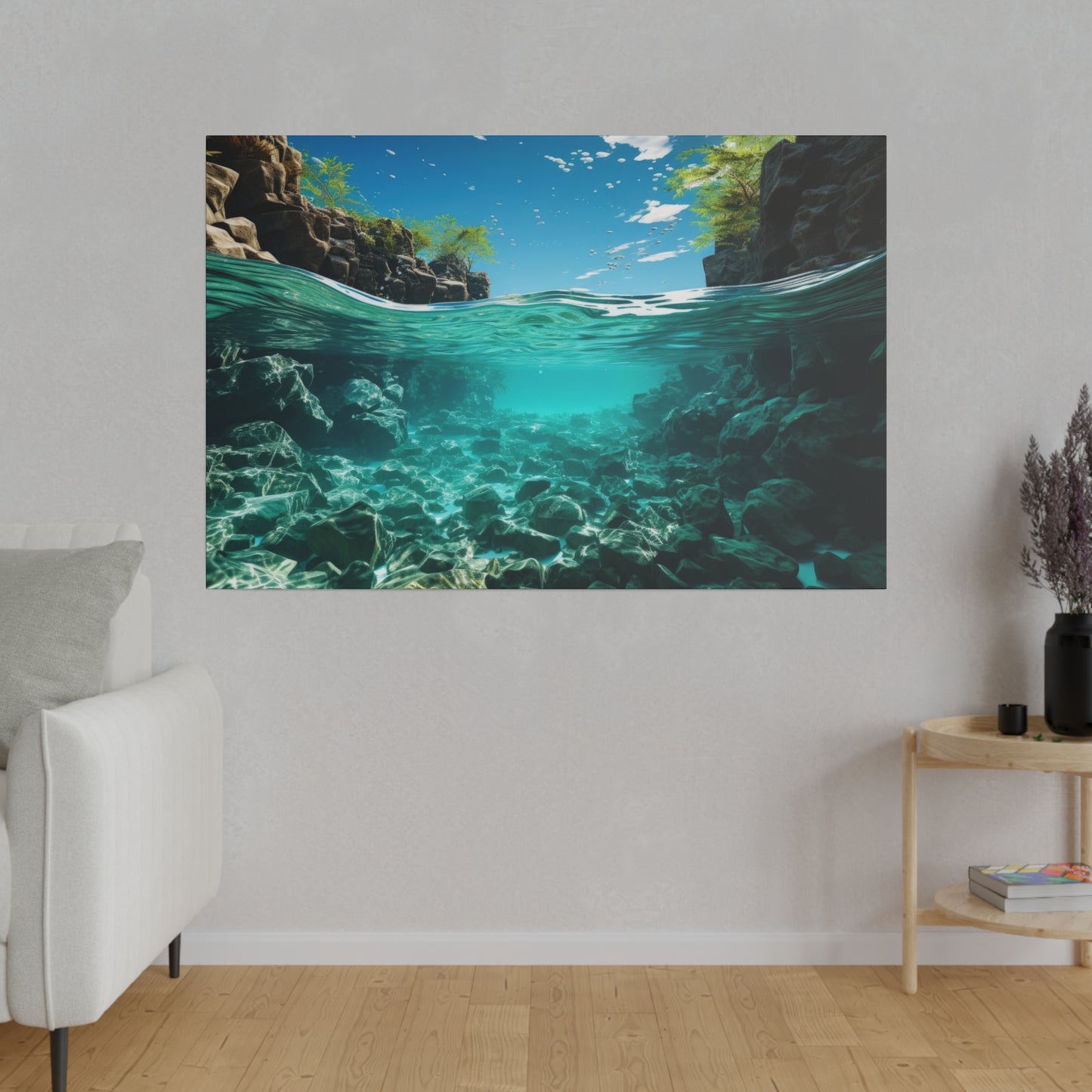 A clear riverbed scene with crystal clear water, showcasing the underwater rocks and plants. The surrounding greenery creates a serene atmosphere.