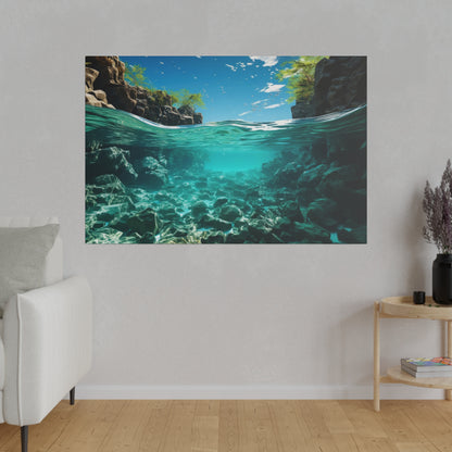 Underwater view of a rocky riverbed with turquoise water and sunlight filtering through.
