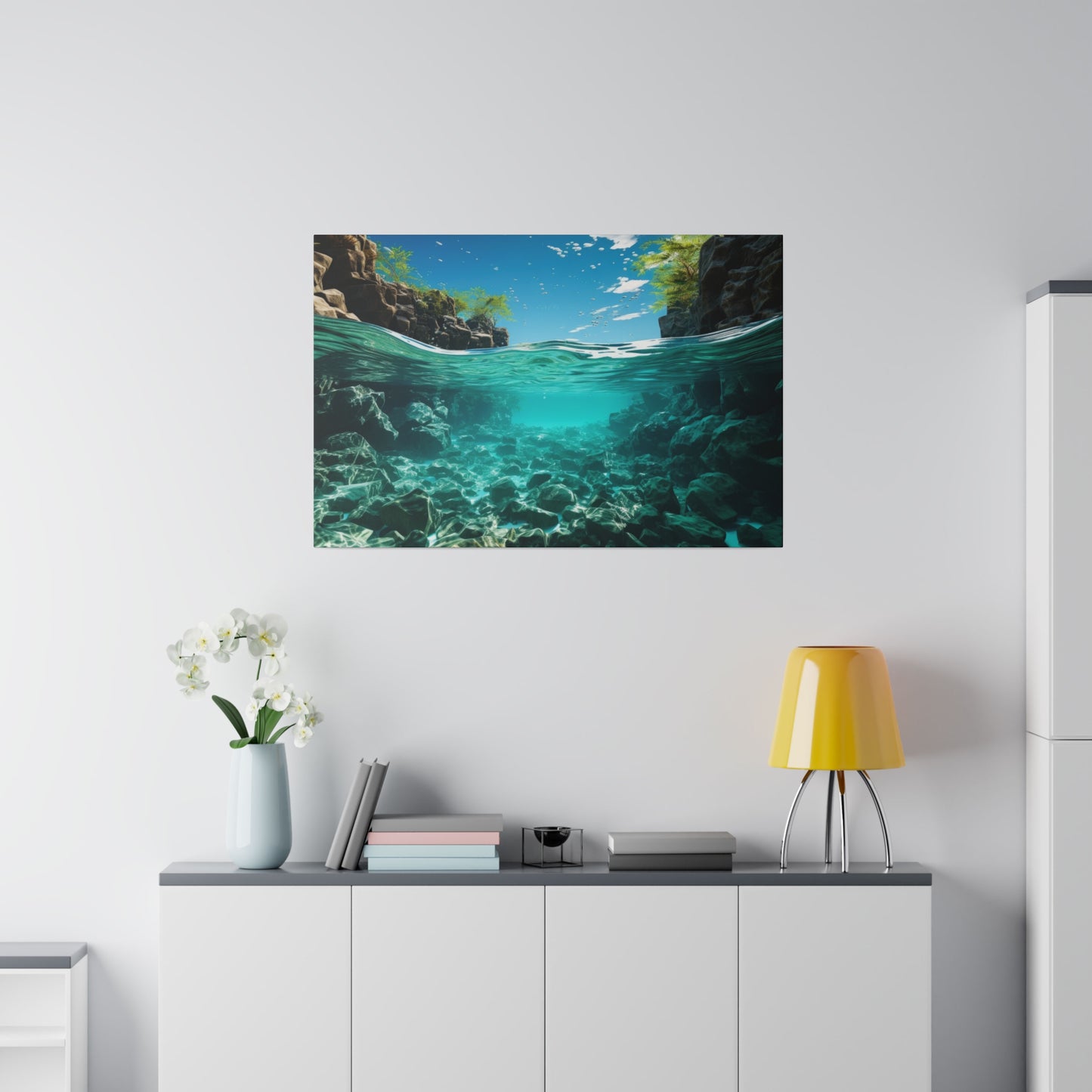 A clear riverbed view with crystal clear water, showcasing the rocks and plants beneath the surface. The clarity of the water is remarkable and serene.