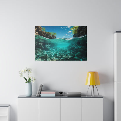 Canvas print of an underwater landscape: turquoise water with a rocky seabed and sunlit surface above.