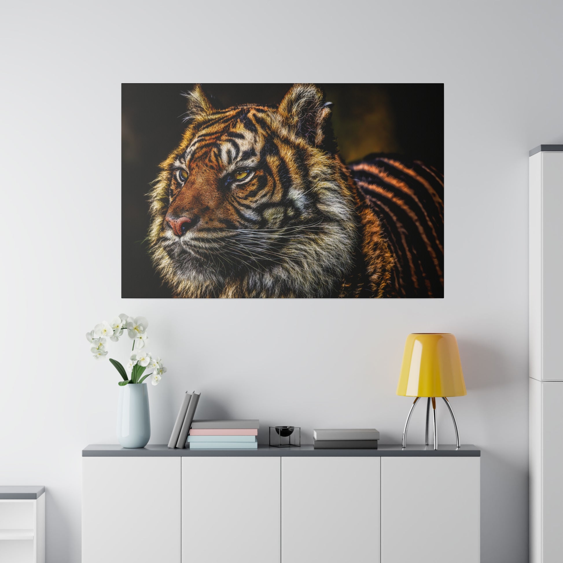 A close-up of a tiger's expression, showcasing the intensity in its gaze and the intricate details of its fur. The portrait emphasizes the tiger's majestic presence.