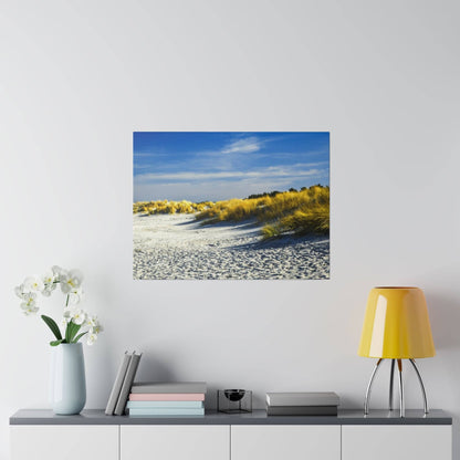 Framed photograph of a sunlit beach with white sand and yellow dune grasses under a blue sky.