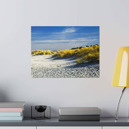 Photo of a sandy beach with dunes and yellow grasses under a blue sky.
