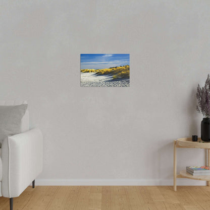 Small framed landscape photo of a sandy beach with golden dunes under a blue sky, hung on a light gray wall.