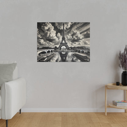 Black-and-white wall art depicting the Eiffel Tower rising over the Seine with bridges and boats.