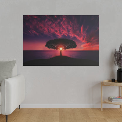 Silhouetted tree on a small hill above the sea at sunset, with a pink-purple sky.