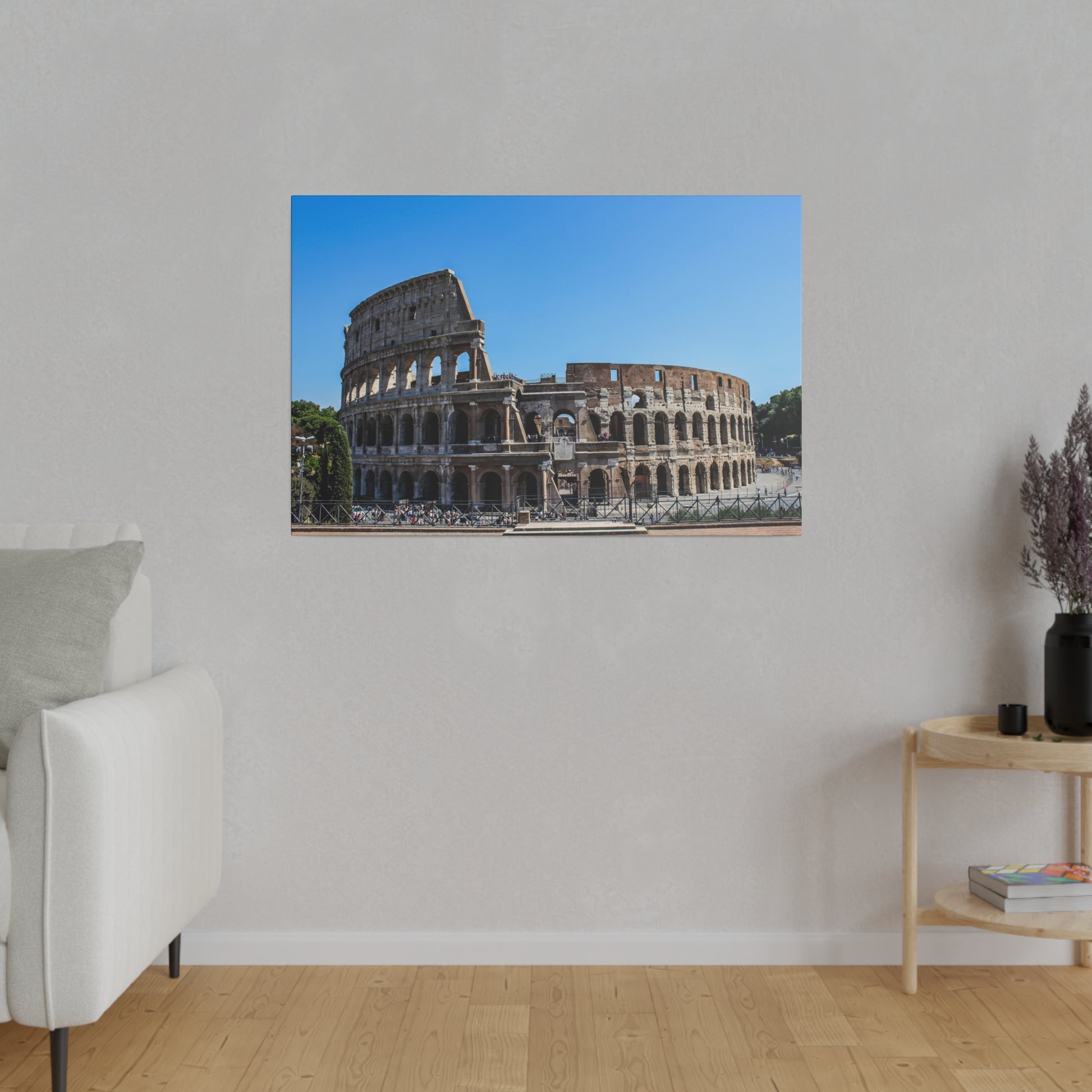 The ancient Roman structure of the Colosseum, prominently standing in Rome, Italy, a symbol of Roman history and culture.