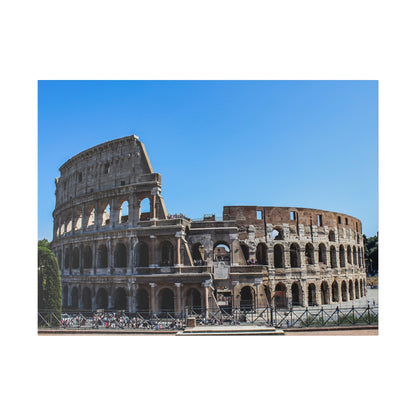 Exterior view of the ancient Roman Colosseum, a large stone amphitheater with multiple arches, under a clear blue sky.