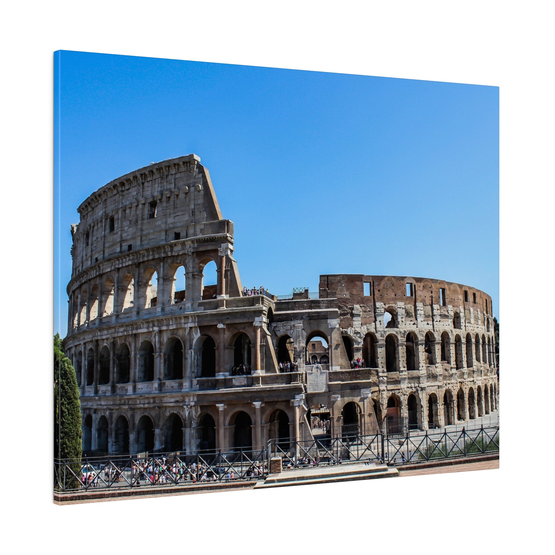 The Colosseum, a major tourist spot in Rome, Italy, with visitors exploring its ancient structure on a bright day.