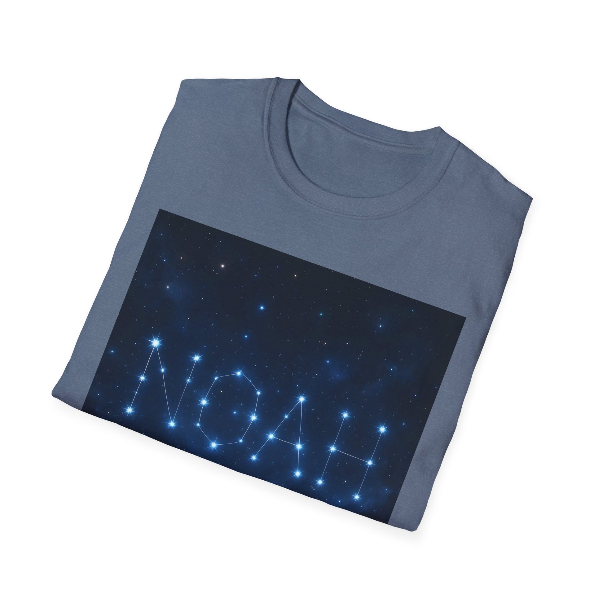Blue crewneck T-shirt folded, featuring a dark blue rectangle graphic of stars and connected constellation lines.