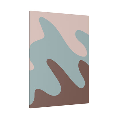 Abstract modern art canvas with a pastel pink background and large blue and brown organic shapes.
