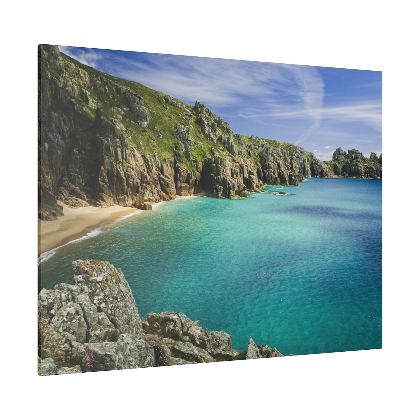 Escape to this peaceful Cornwall beach where serene waters, sandy shores, and rugged cliffs create an idyllic and tranquil environment for relaxation.