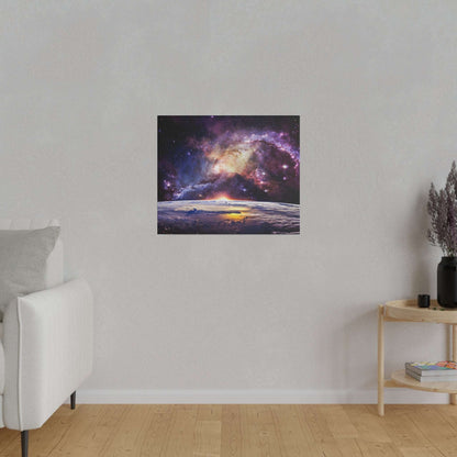 Square canvas print of a colorful nebula above Earth’s horizon at sunrise.