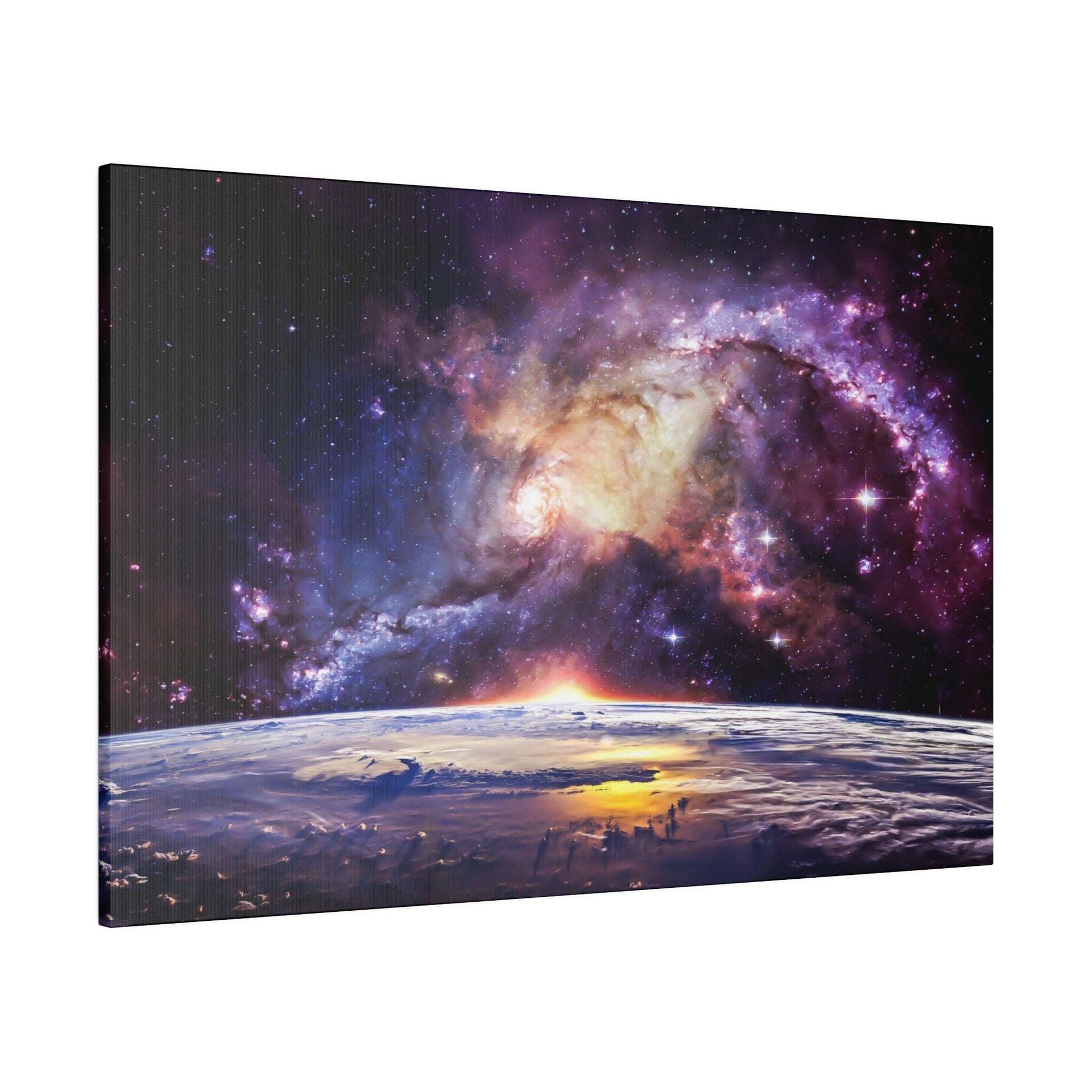 Canvas art depicting a colorful spiral galaxy above Earth's curved horizon at sunrise.