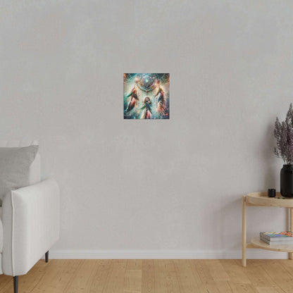 Small square canvas depicting a colorful galaxy dreamcatcher on a light gray wall above a wooden floor.