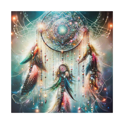 Colorful dreamcatcher canvas art with a circular web, beads, and dangling feathers in teal, pink, and gold tones.