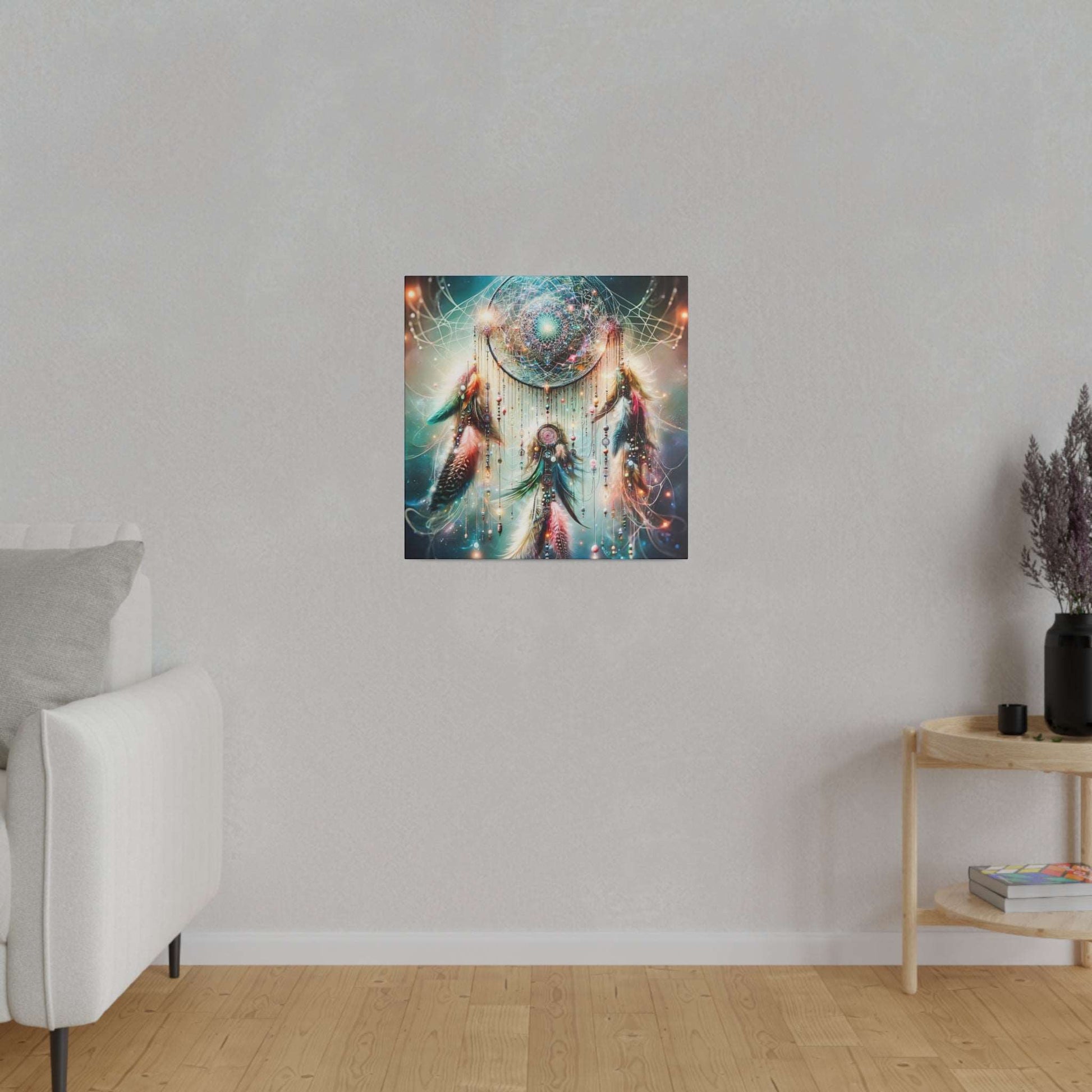 Square canvas print of a vibrant dreamcatcher with feathers and glowing orbs against a colorful galaxy backdrop.