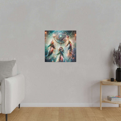 Square canvas print of a vibrant dreamcatcher with feathers and glowing orbs against a colorful galaxy backdrop.