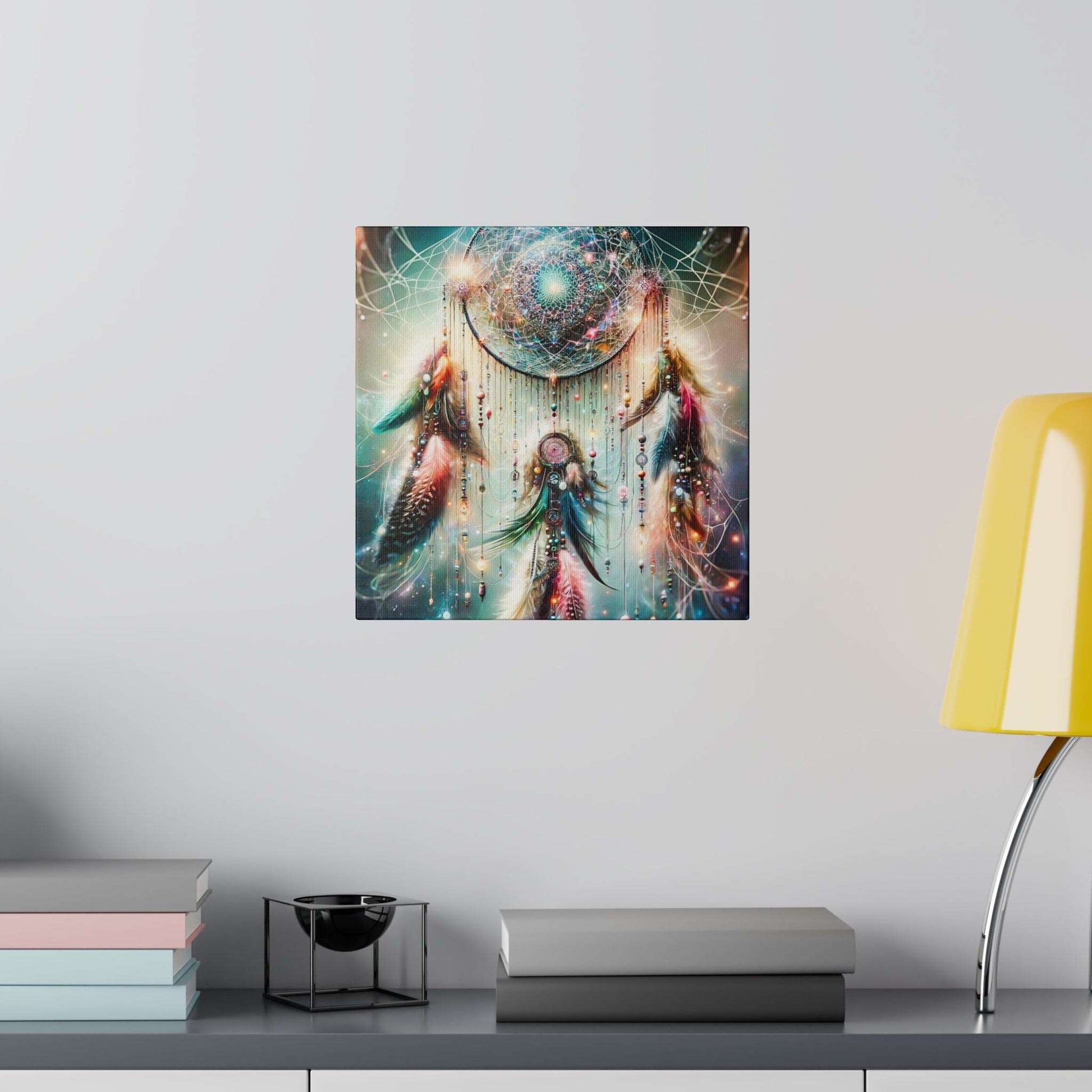 Square canvas art showing a colorful dreamcatcher with a celestial, galaxy background and hanging beads.