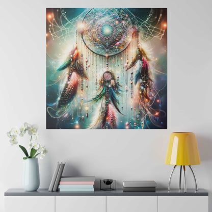 Vibrant square canvas of a dreamcatcher with a circular beaded web and colorful feathers against a galaxy-blue background.